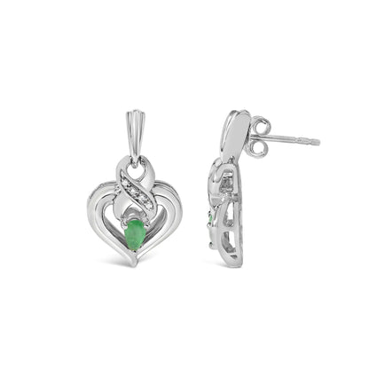 .925 Sterling Silver 5x3mm Pear Emerald Gemstone with Diamond Accent Heart Dangle Stud Earrings (H-I Color, SI1-SI2 Clarity)