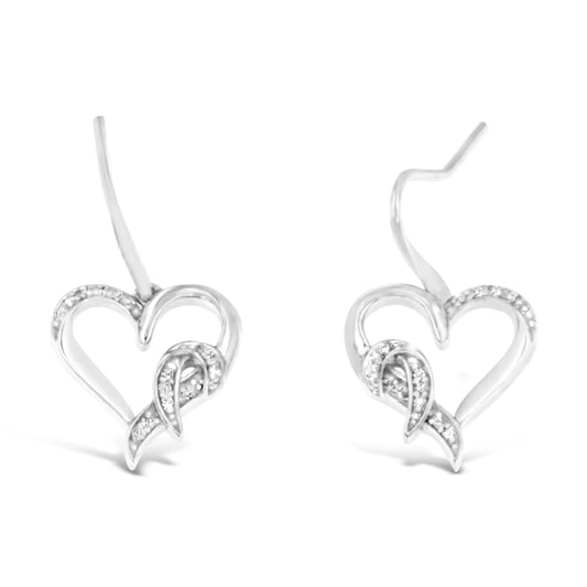 Sterling Silver Round Cut Diamond Heart Dangle Earrings (0.09 cttw, H-I Color, I1-I2 Clarity)